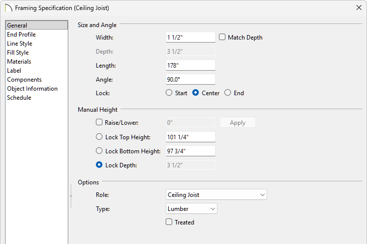 General panel of the Framing Specification dialog