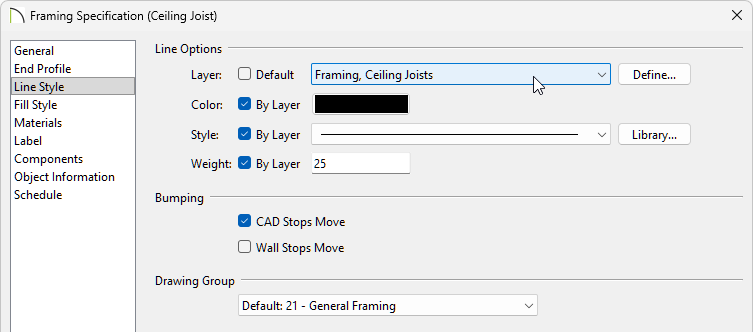 Line Style panel of the Framing Specification dialog