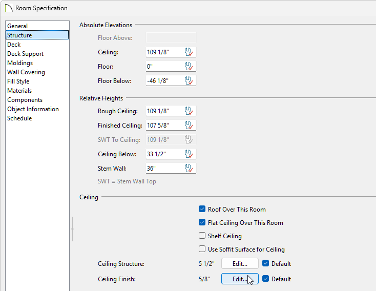 Structure panel of the Room Specification dialog