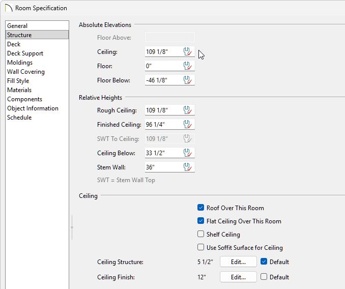Take note of the Ceiling value under the Absolute Elevations section