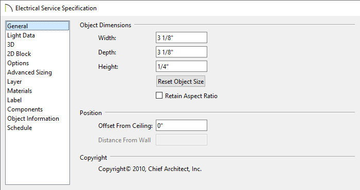 General panel of the Electrical Service Specification dialog