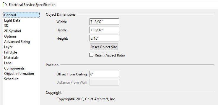 General panel of the Electrical Service Specification dialog