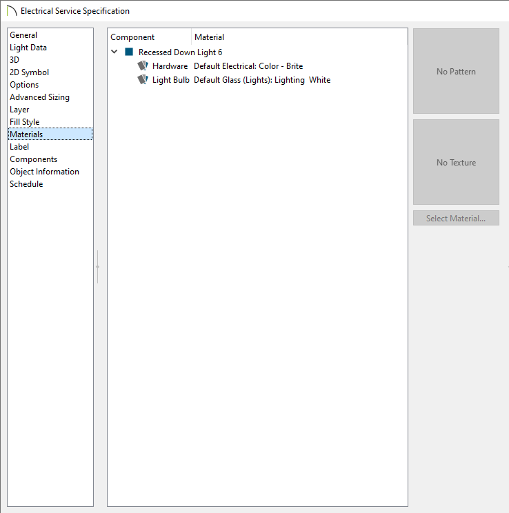 Materials panel of the Electrical Service Specification dialog