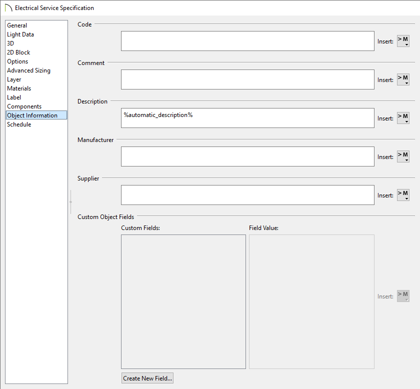 Specify information for the object on the Object Information panel