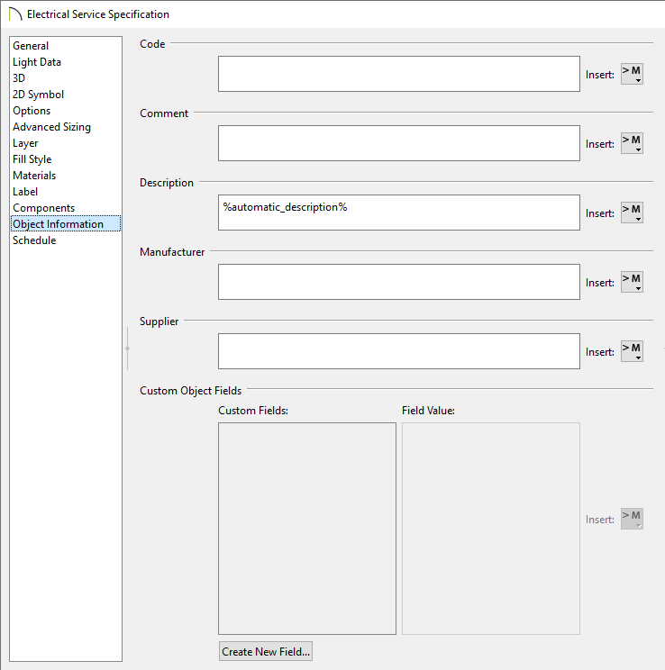 Specify information for the object on the Object Information panel