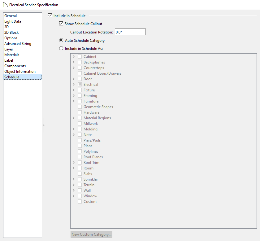 Schedule panel of the Electrical Service Specification dialog