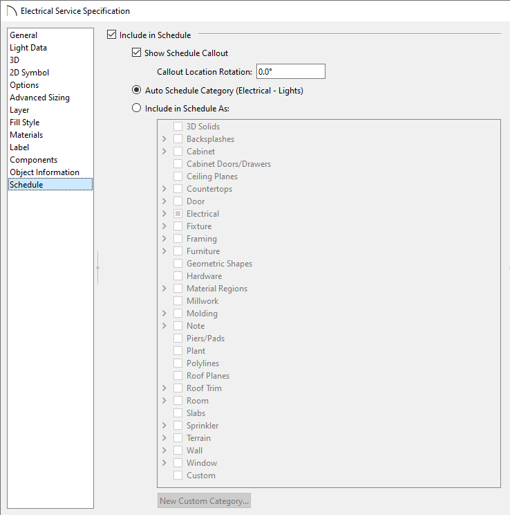 Schedule panel of the Electrical Service Specification dialog