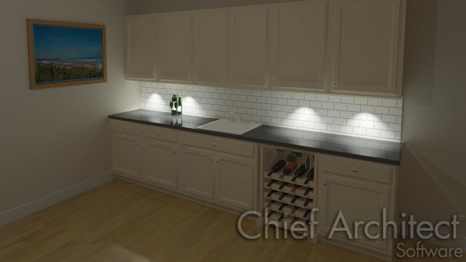 Customized light fixtures Interior wall cabinets with lights shining onto base cabinet below