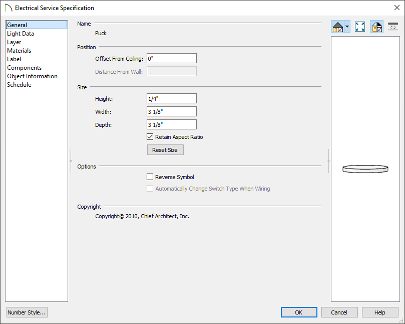 General panel of the Electrical Service Specification dialog