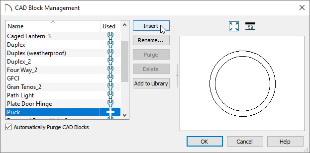 In CAD Block Management select and insert the CAD Block that needs modification.