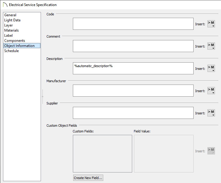 Specify information for the object on the Object Information panel