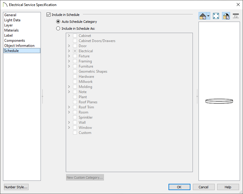 Schedule panel of the Electrical Service Specification dialog