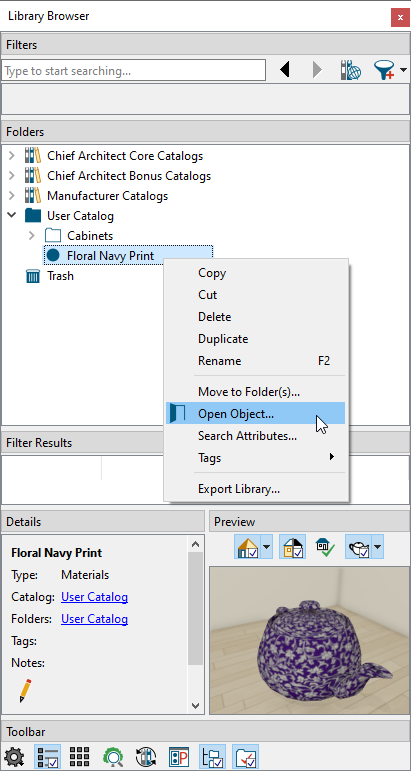 Choose Open Object in the contextual menu for the copied material