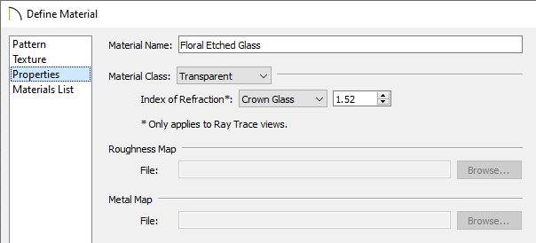 Properties panel of the Define Material dialog