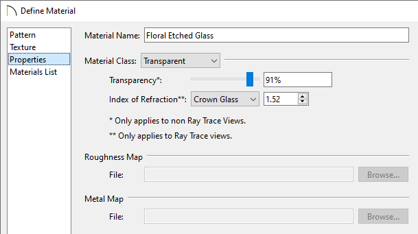 Properties panel of the Define Material dialog