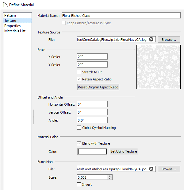 Texture panel of the Define Material dialog