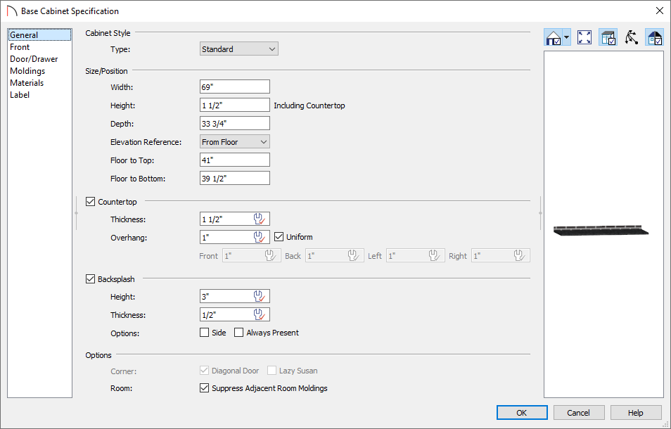 Adjusting Height, Depth, and Floor to Bottom values in the Base Cabinet Specification dialog