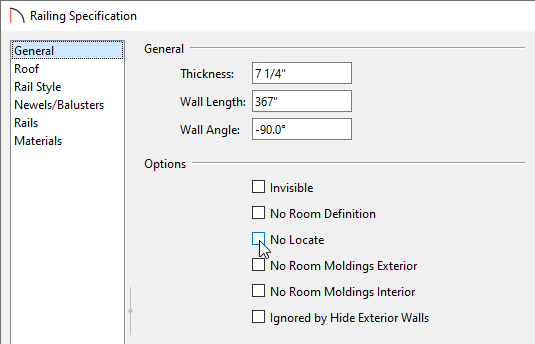 Specify the Thickness and uncheck No Locate on the General panel of the Railing Specification dialog