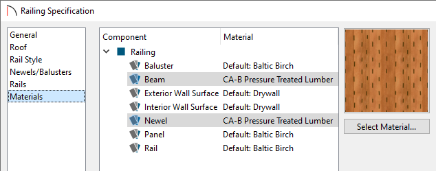 Adjust the Materials of the Beam and Newel in the Railing Specification dialog