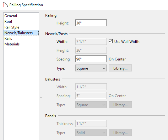 Specify the Post Width, the Post Type, and the Spacing on the Newels/Balusters panel.