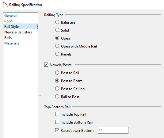 Select the Open Railing Type, the Post to Beam Newels/Posts option, and uncheck Include Top and Bottom Rails on the Rail Style panel.