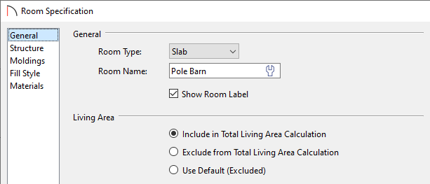 Specify the Room Type, Room Name, and Living Area calculation on the General panel of the Room Specification dialog