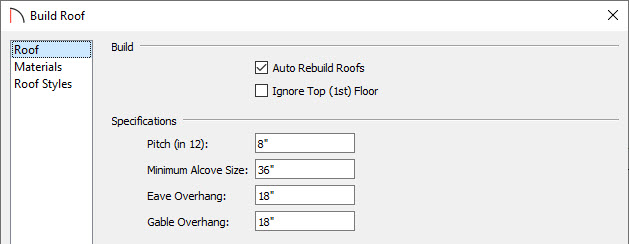 Set the Pitch and Overhangs in the Build Roof dialog