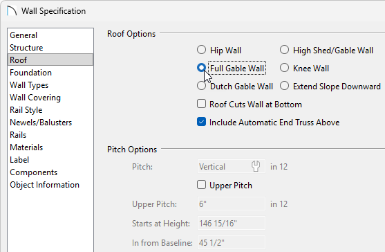 Wall Specification Roof Dialog Box