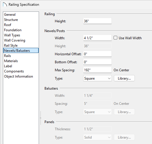 Newels/Balusters panel of the roof railing.
