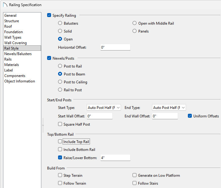 Railing style dialog box for attached porch