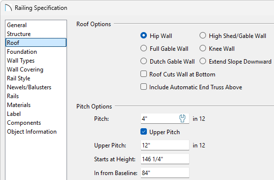 In the Railing Specification, on the Roof panel, set your attached roof pitch.