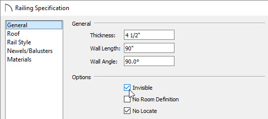 railing specification dialog box for attached porch