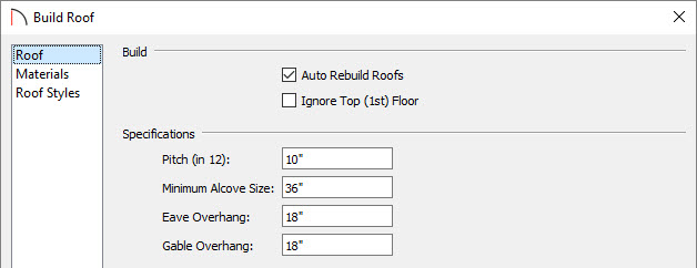 build roof dialog box for attached porch roof options