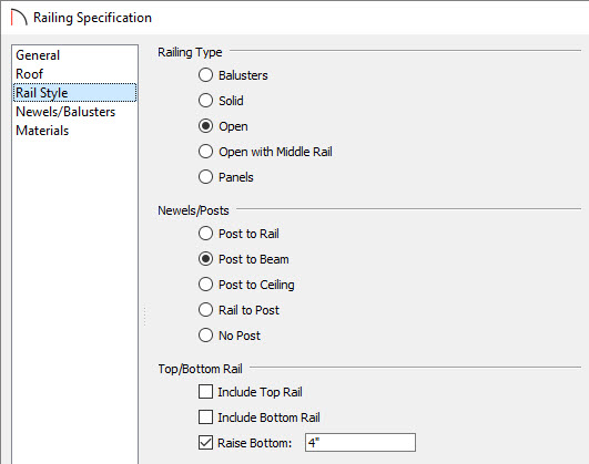 railing style dialog box for attached porch