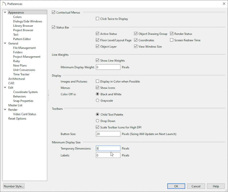 Minimum display size of dimensions in preferences