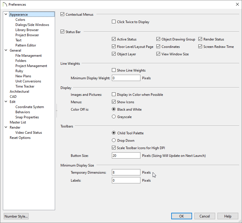 Minimum display size of dimensions in preferences