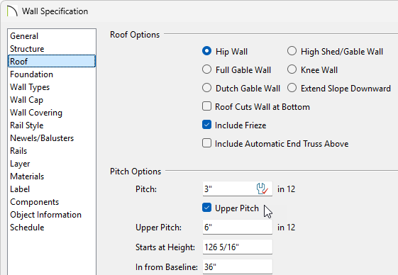 Wall specification roof dialog box pitch 