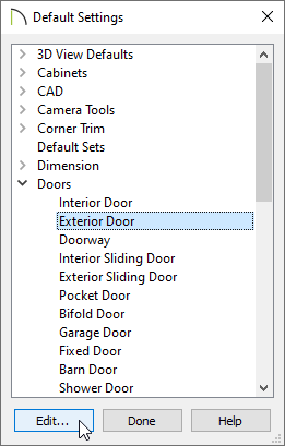 Exterior Door is selected in the Default Settings dialog