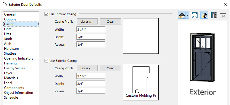 Casing panel of the Exterior Door Defaults dialog