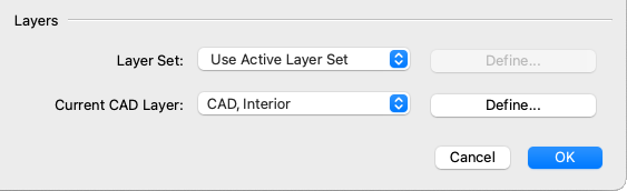 "CAD, Interior" selected as the Current CAD Layer in the Default Sets dialog