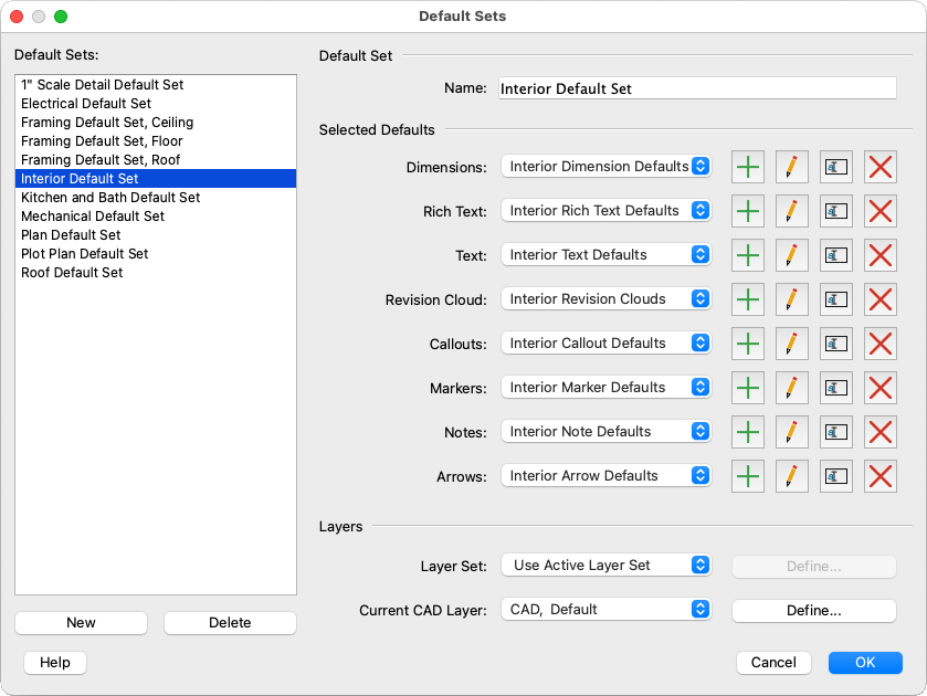 Newly created Interior Default Set selected in the Default Sets dialog