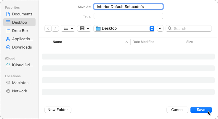 "Interior Default Set" entered in the Save As field of the Export Default Sets Finder window