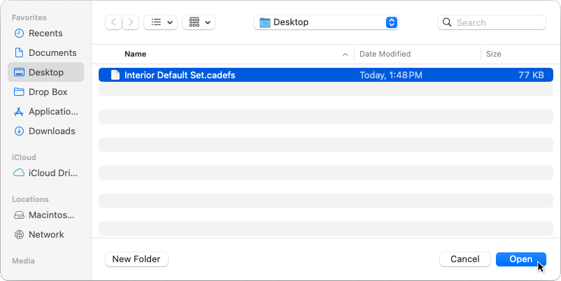 Import Default Sets file selected in the Import Default Sets Finder window