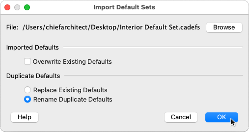 Import Default Sets dialog