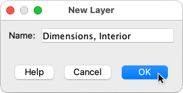 "Dimensions, Interior" typed in the Name field of the New Layer dialog