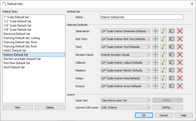 Default Sets dialog with a new Default Set that has been setup