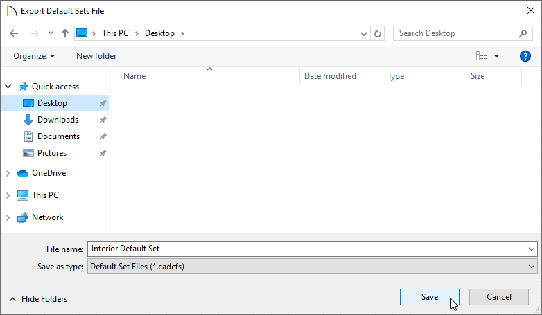 Export Default Sets File dialog