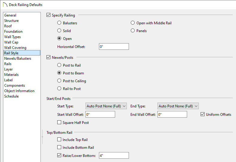 The Deck Railing Defaults with changes made to the Rail Style panel