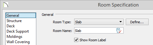 Room Specification Room Specification dialog with Room Type set to Slab