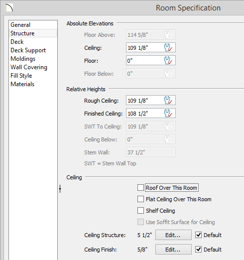 Room Specification - Structure panel Room Specification dialog, Structure panel, Roof Over This Room deselected